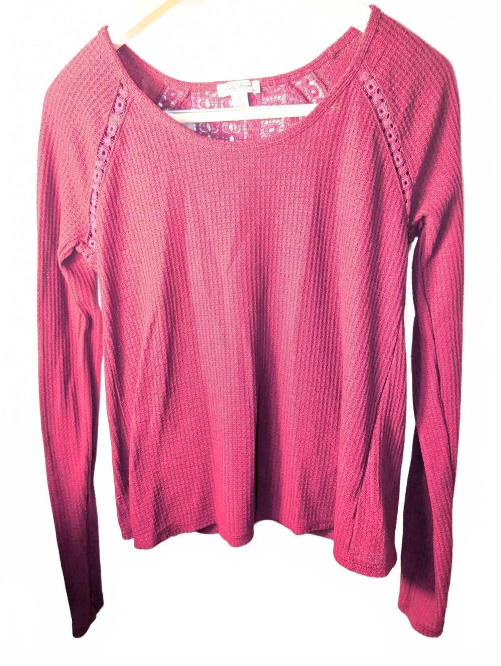 Lucky Brand Long Sleeve Waffle Knit Top Lace Womens Size Small Burgundy Red Fall - Picture 8 of 8